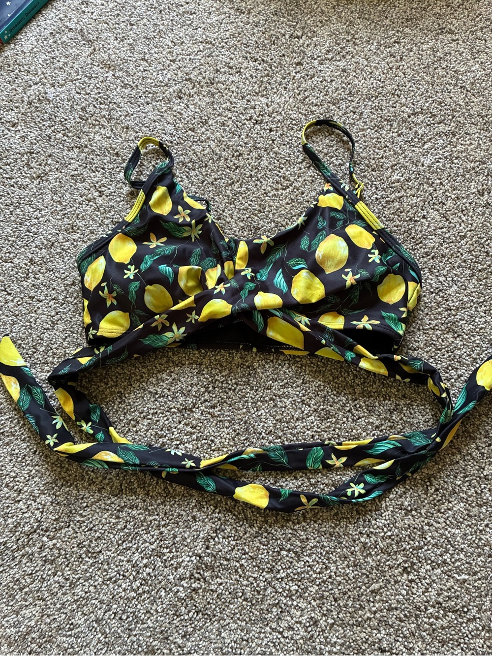 Lemon Print Tie-Back Bikini Top - Black & Yellow